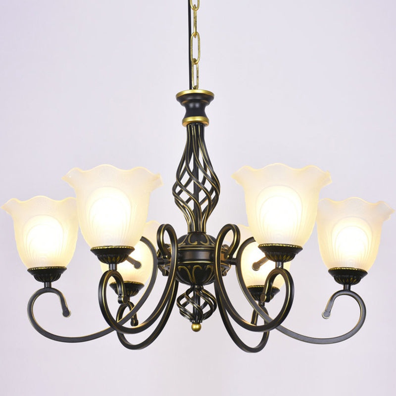 Ruffle Glass Floral Shade Chandelier Lighting Classic Living Room Pendant Light with Scroll Arm