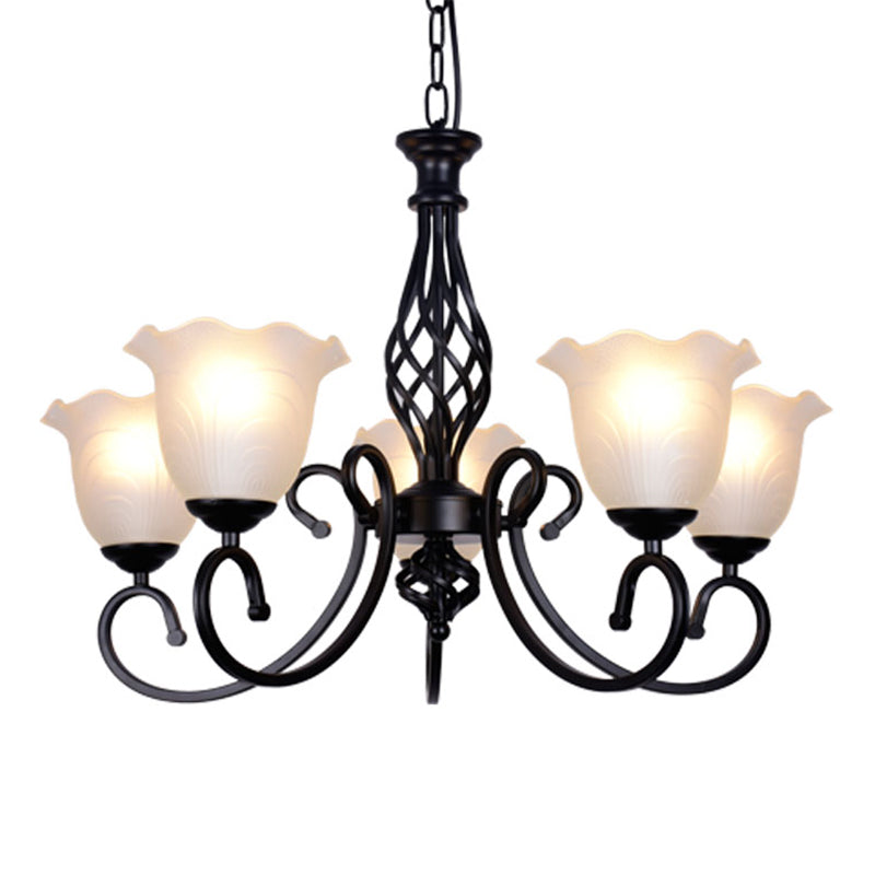 Ruffle Glass Floral Shade Chandelier Lighting Classic Living Room Pendant Light with Scroll Arm