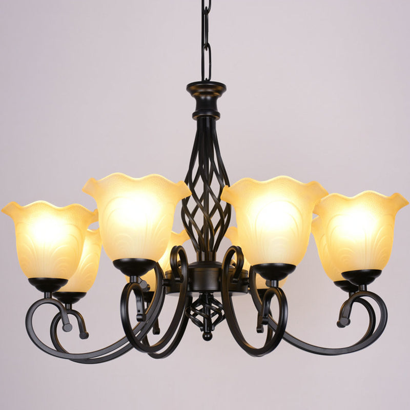Ruffle Glass Floral Shade Chandelier Lighting Classic Living Room Pendant Light with Scroll Arm
