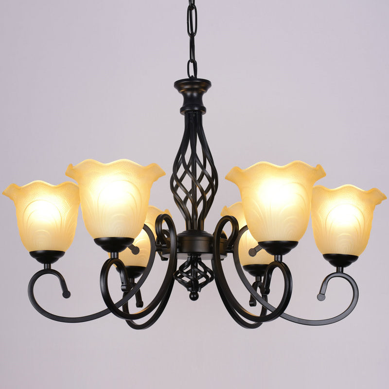 Ruffle Glass Floral Shade Chandelier Lighting Classic Living Room Pendant Light with Scroll Arm