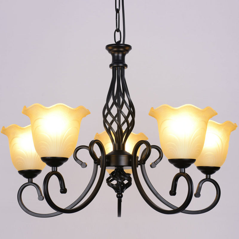 Ruffle Glass Floral Shade Chandelier Lighting Classic Living Room Pendant Light with Scroll Arm