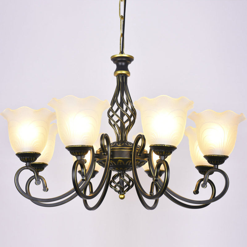 Ruffle Glass Floral Shade Chandelier Lighting Classic Living Room Pendant Light with Scroll Arm