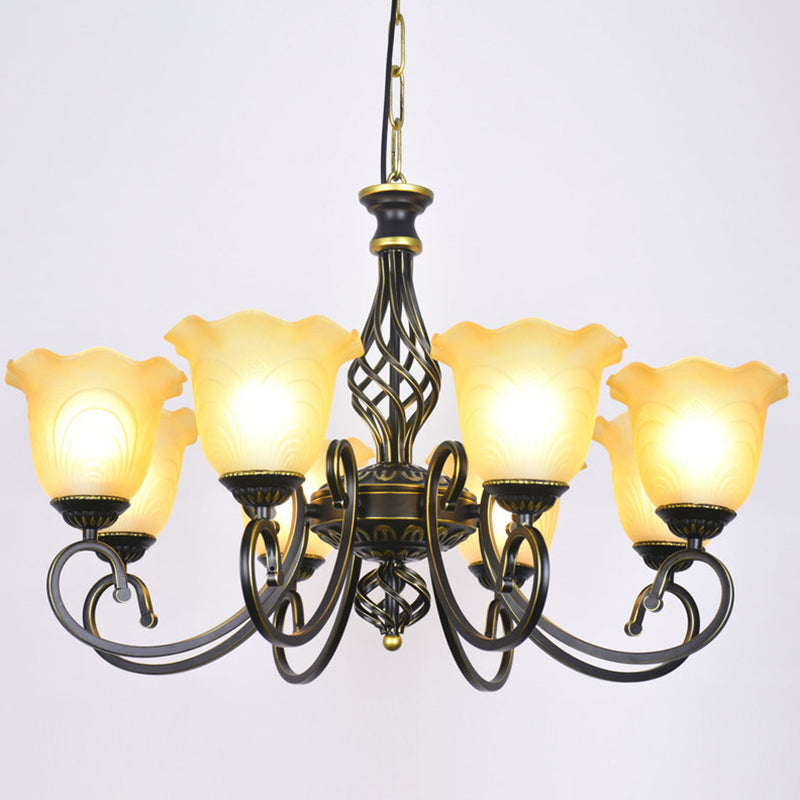 Ruffle Glass Floral Shade Chandelier Lighting Classic Living Room Pendant Light with Scroll Arm