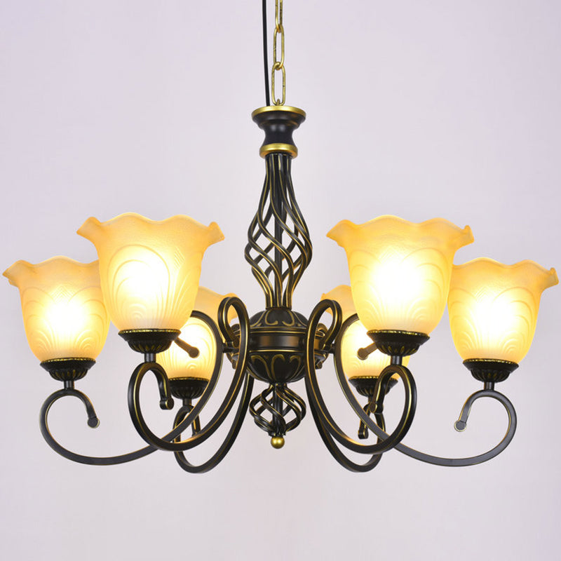 Ruffle Glass Floral Shade Chandelier Lighting Classic Living Room Pendant Light with Scroll Arm