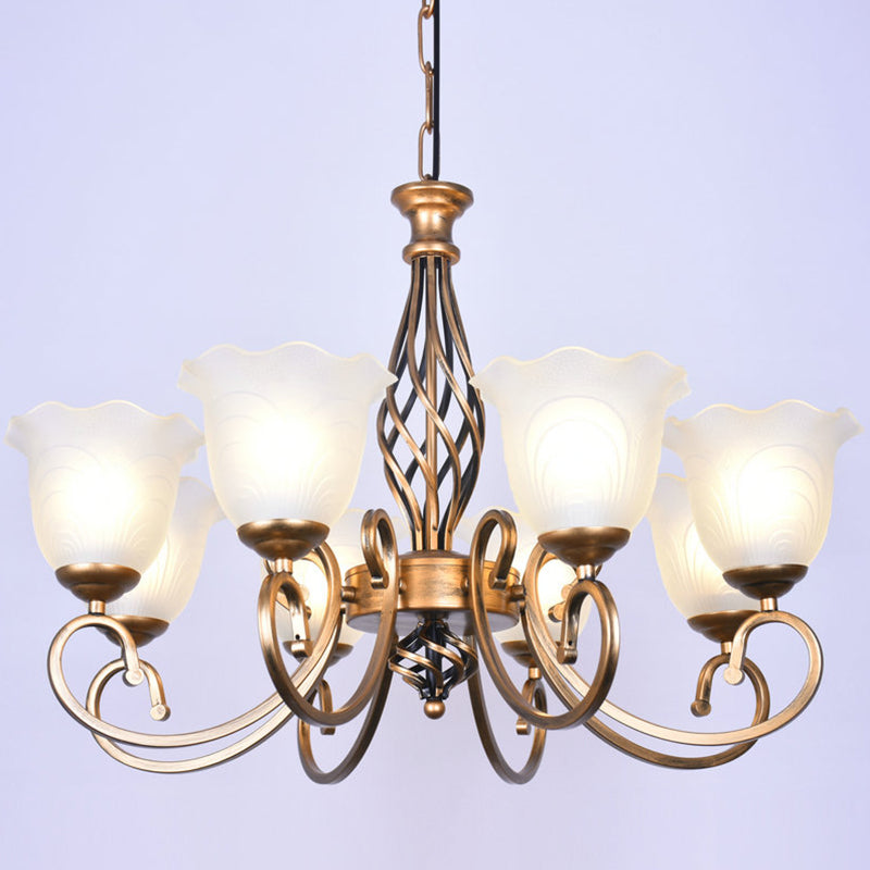 Ruffle Glass Floral Shade Chandelier Lighting Classic Living Room Pendant Light with Scroll Arm