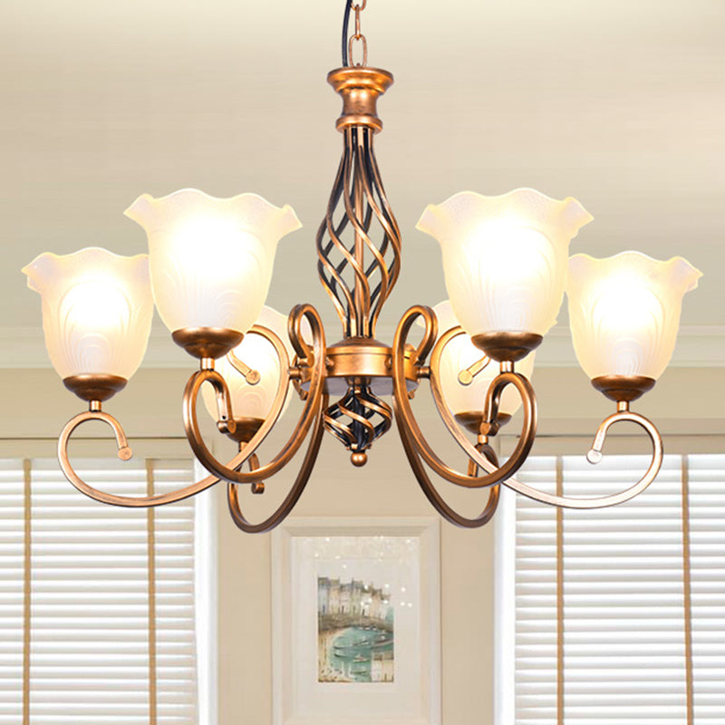 Ruffle Glass Floral Shade Chandelier Lighting Classic Living Room Pendant Light with Scroll Arm