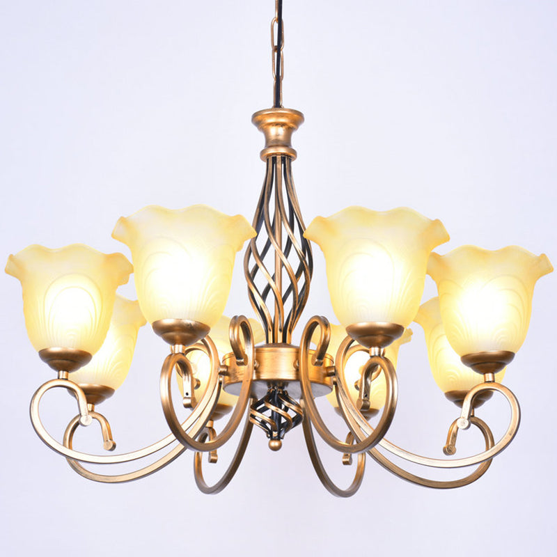 Ruffle Glass Floral Shade Chandelier Lighting Classic Living Room Pendant Light with Scroll Arm
