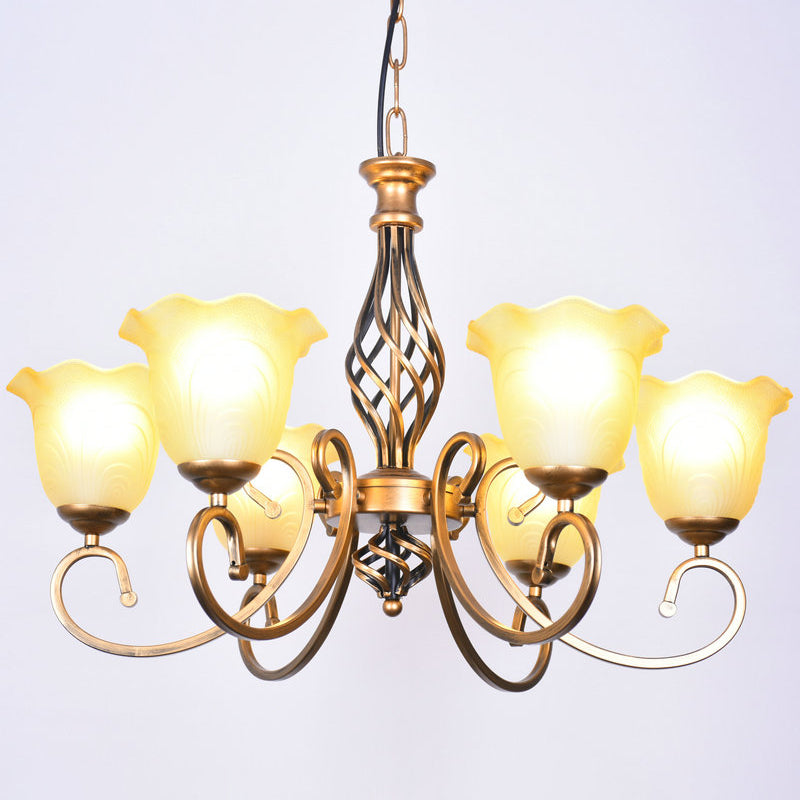Ruffle Glass Floral Shade Chandelier Lighting Classic Living Room Pendant Light with Scroll Arm
