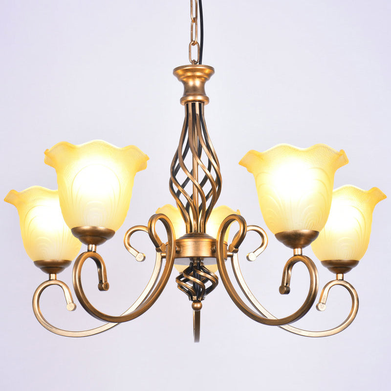 Ruffle Glass Floral Shade Chandelier Lighting Classic Living Room Pendant Light with Scroll Arm