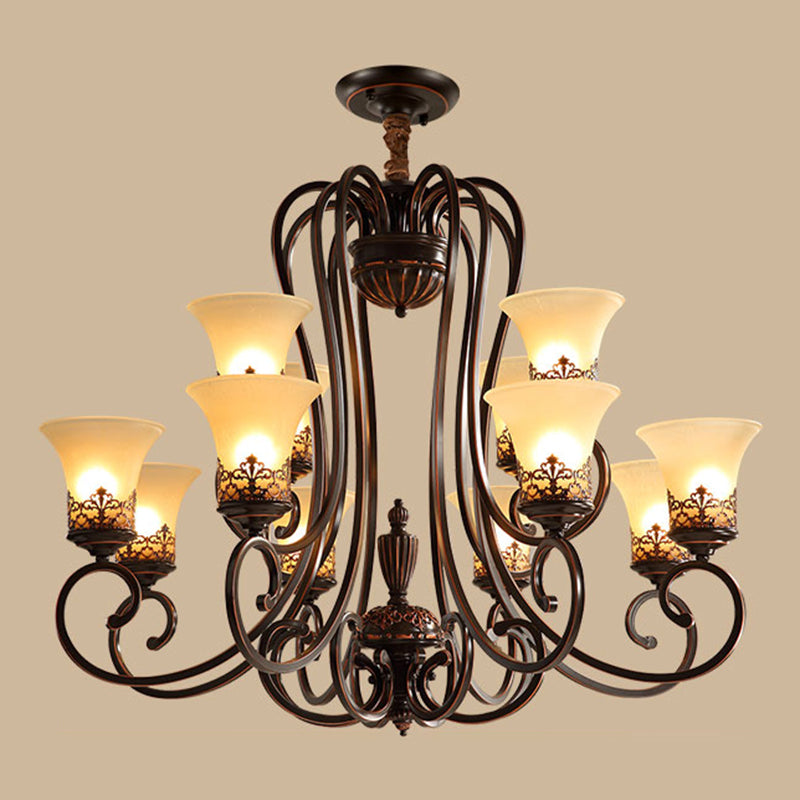 Red-Black Flared Shade Ceiling Lighting Traditional Frosted Glass Living Room Chandelier Light Fixture