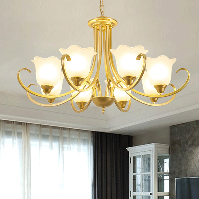 Retro Style Floral Shade Chandelier Light Frosted Glass Pendant Light Fixture with Curved Arm