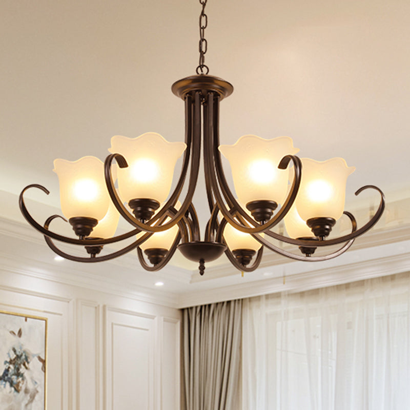 Retro Style Floral Shade Chandelier Light Frosted Glass Pendant Light Fixture with Curved Arm