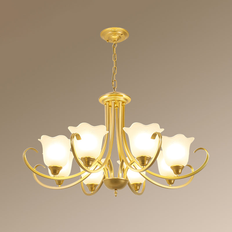 Retro Style Floral Shade Chandelier Light Frosted Glass Pendant Light Fixture with Curved Arm