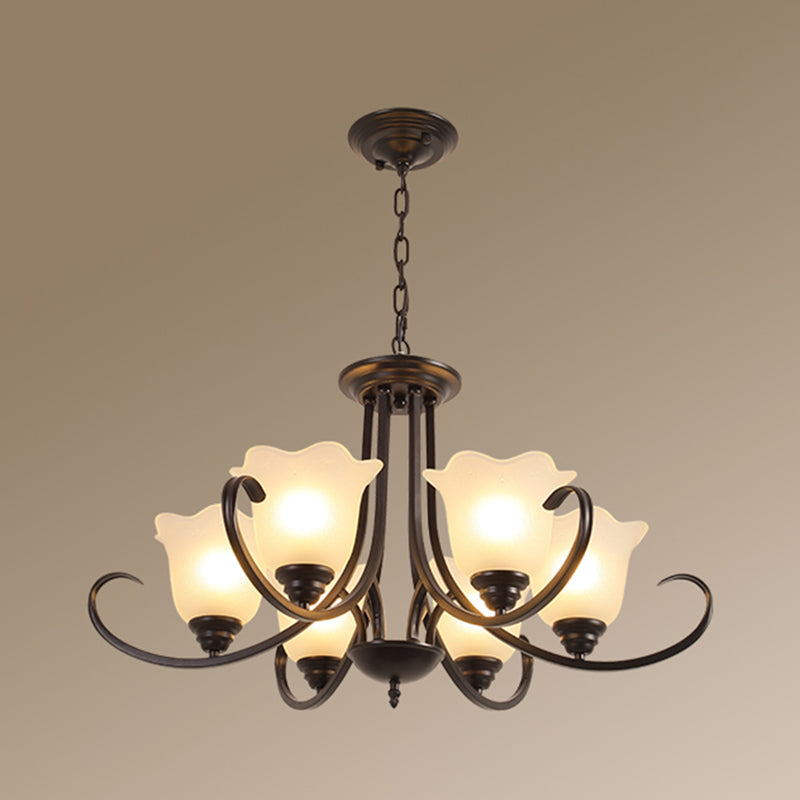 Retro Style Floral Shade Chandelier Light Frosted Glass Pendant Light Fixture with Curved Arm