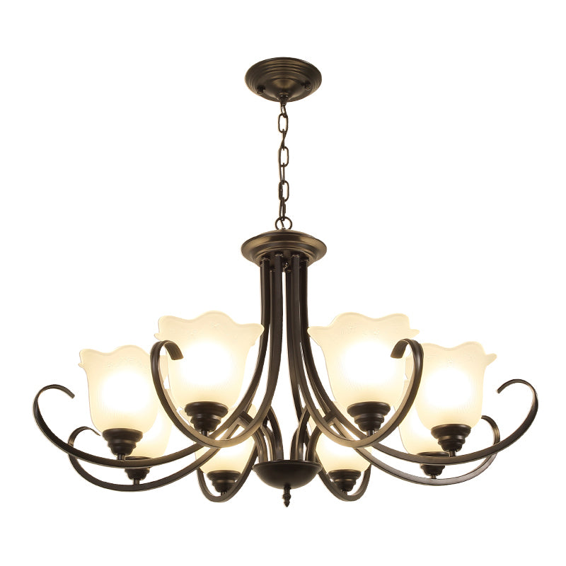 Retro Style Floral Shade Chandelier Light Frosted Glass Pendant Light Fixture with Curved Arm
