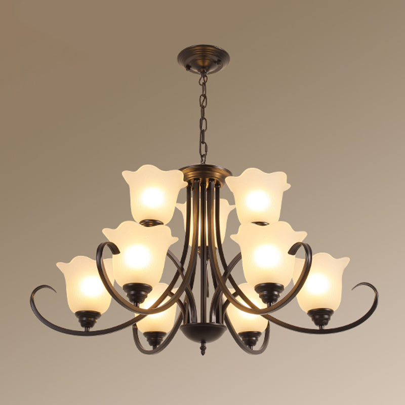 Retro Style Floral Shade Chandelier Light Frosted Glass Pendant Light Fixture with Curved Arm