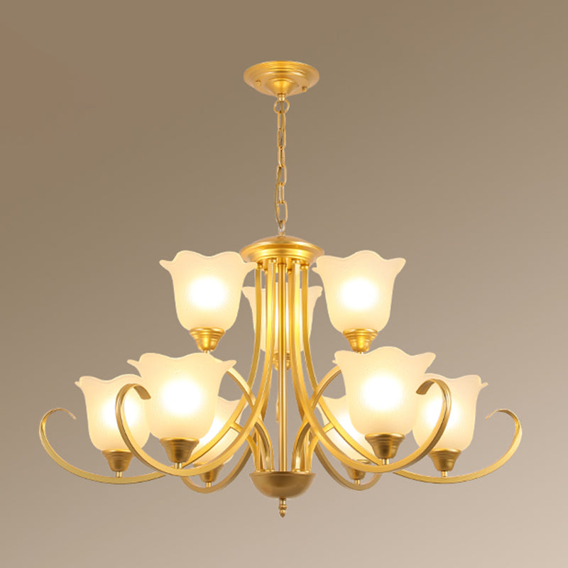 Retro Style Floral Shade Chandelier Light Frosted Glass Pendant Light Fixture with Curved Arm