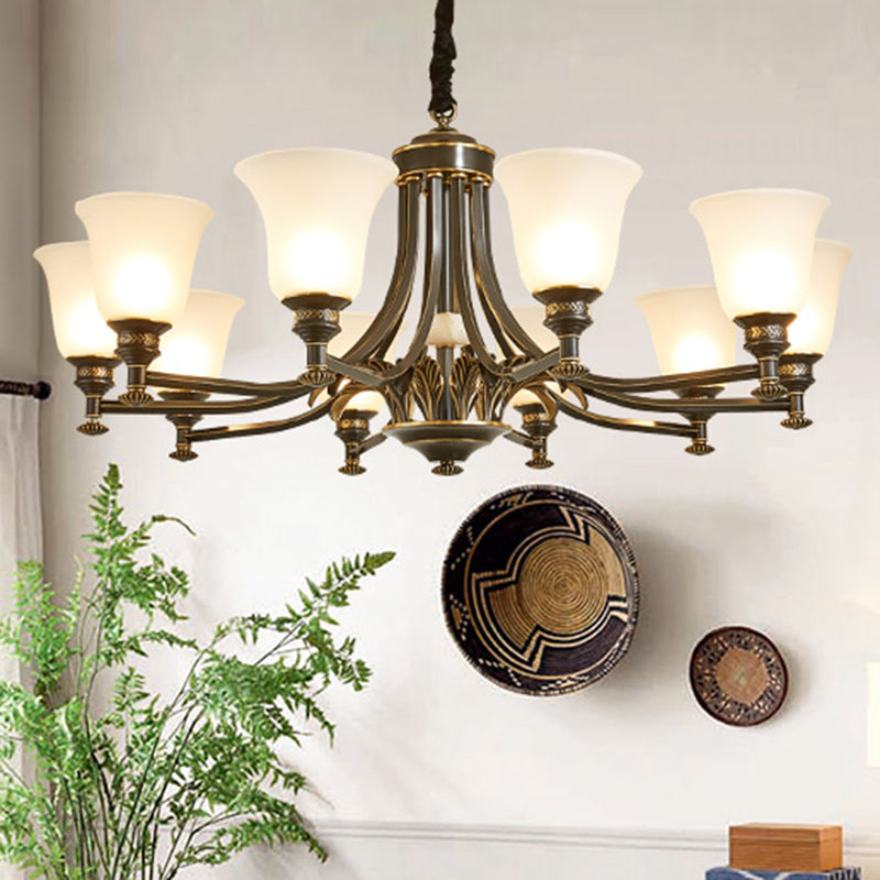 Flared Frosted Glass Suspension Light Rustic Living Room Chandelier Light in Black