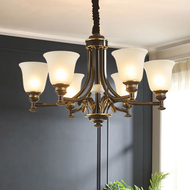 Flared Frosted Glass Suspension Light Rustic Living Room Chandelier Light in Black