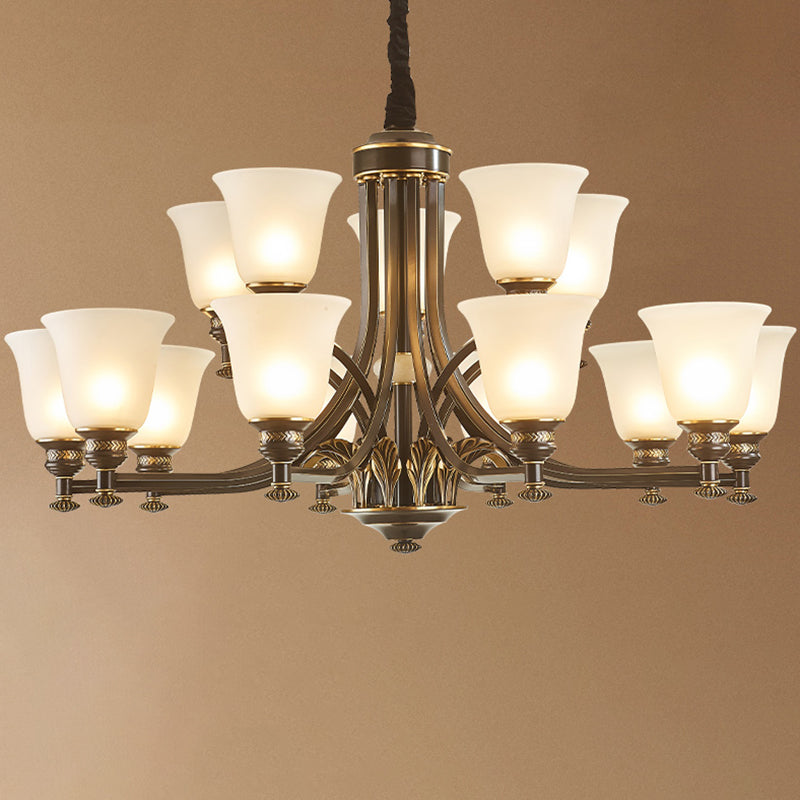 Flared Frosted Glass Suspension Light Rustic Living Room Chandelier Light in Black