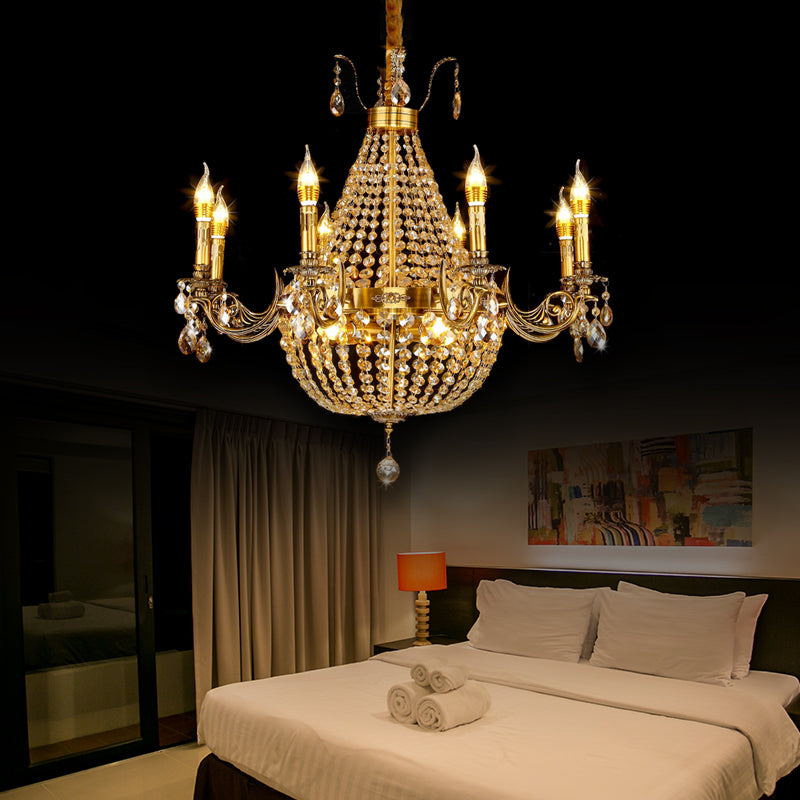 Candelabra Hanging Light Contemporary Metal 2/6/8 Lights Gold Chandelier Light with Crystal Strand, 27"/31" Wide