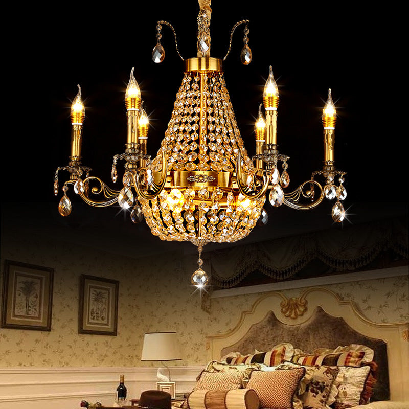 Candelabra Hanging Light Contemporary Metal 2/6/8 Lights Gold Chandelier Light with Crystal Strand, 27"/31" Wide