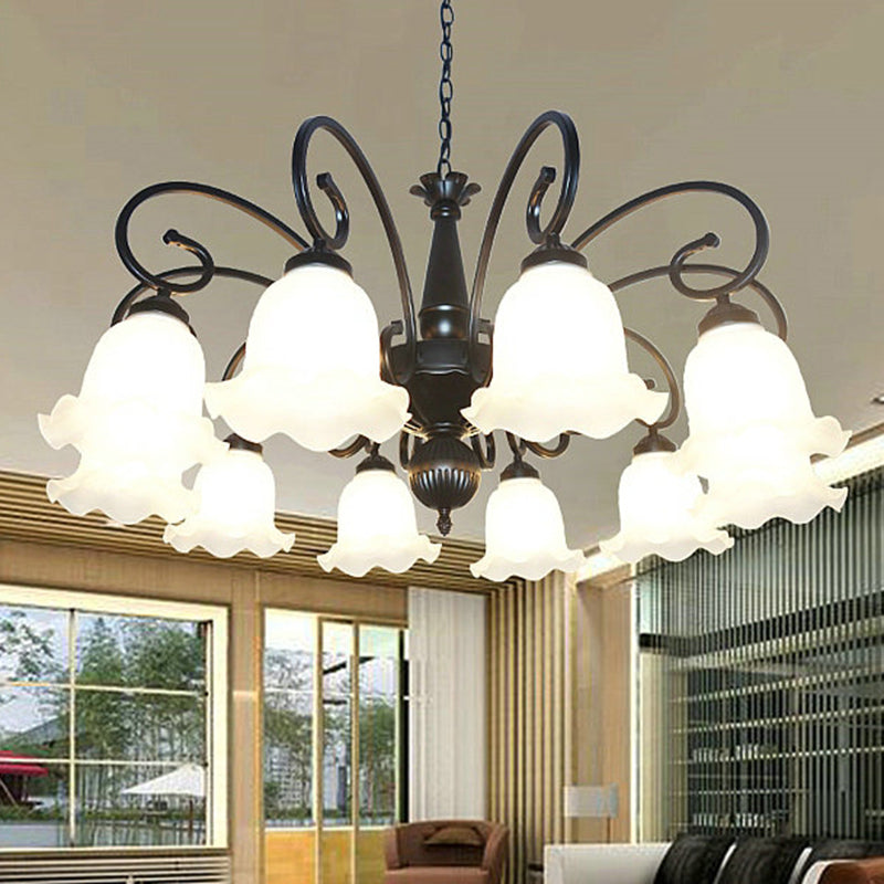 Ruffle Glass Floral Shade Chandelier Pendant Light Vintage Dining Room Hanging Light in Black