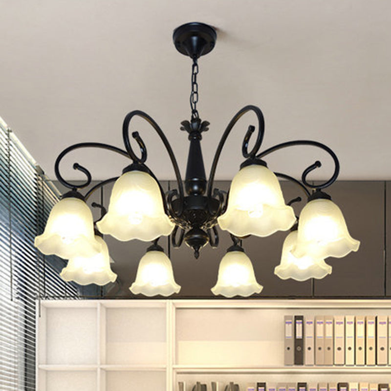 Ruffle Glass Floral Shade Chandelier Pendant Light Vintage Dining Room Hanging Light in Black
