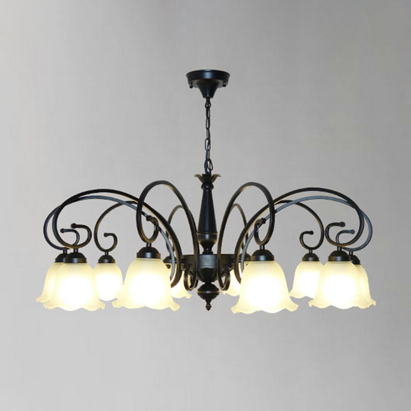 Ruffle Glass Floral Shade Chandelier Pendant Light Vintage Dining Room Hanging Light in Black