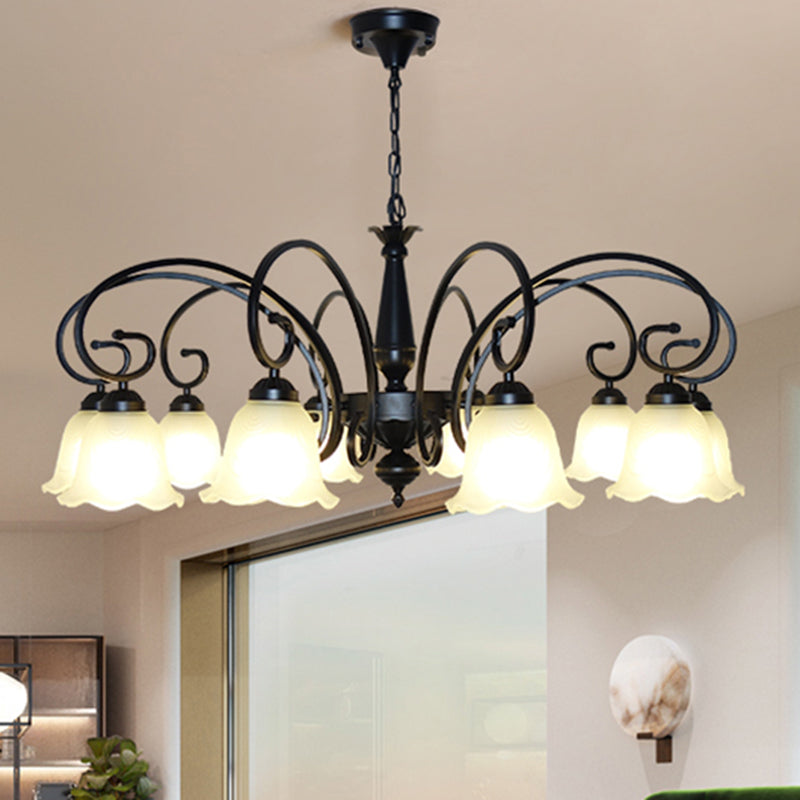 Ruffle Glass Floral Shade Chandelier Pendant Light Vintage Dining Room Hanging Light in Black