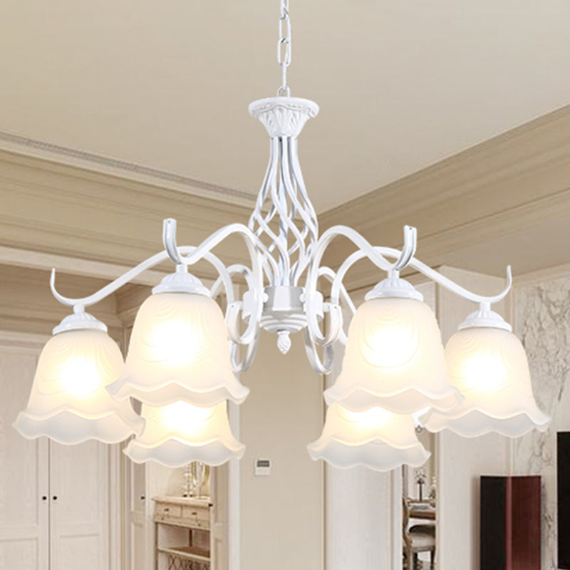 Retro Bell Chandelier Light Ruffle Glass Pendant Light Fixture with Curved Arm for Dining Room