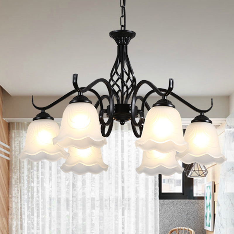 Retro Bell Chandelier Light Ruffle Glass Pendant Light Fixture with Curved Arm for Dining Room