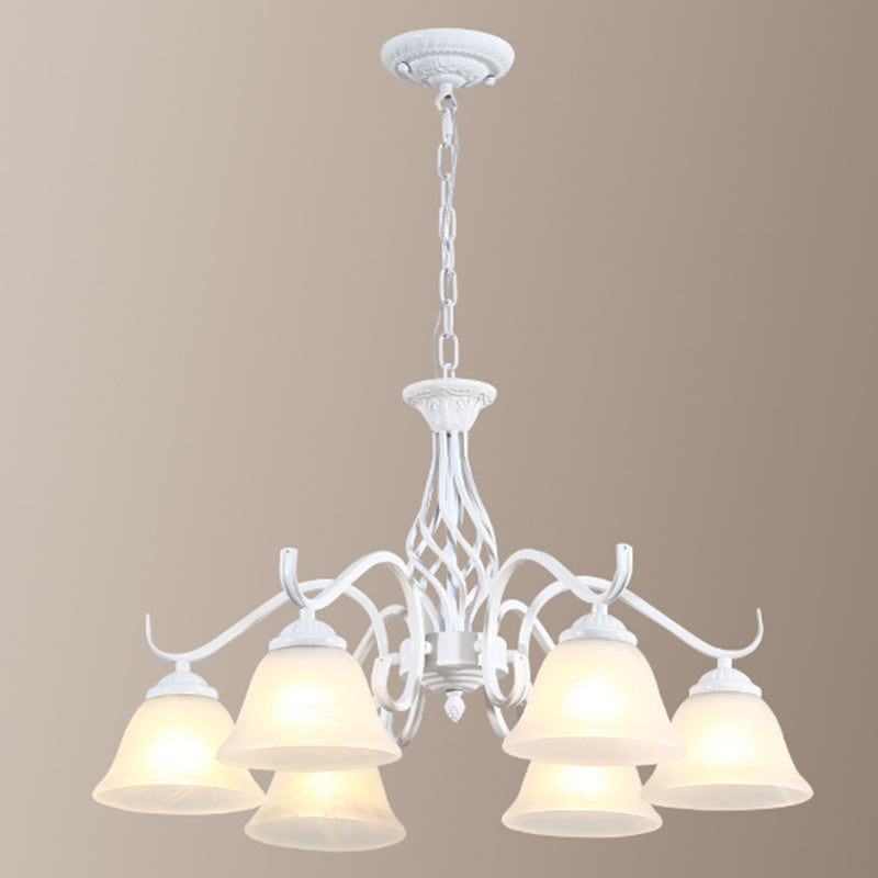 Retro Bell Chandelier Light Ruffle Glass Pendant Light Fixture with Curved Arm for Dining Room