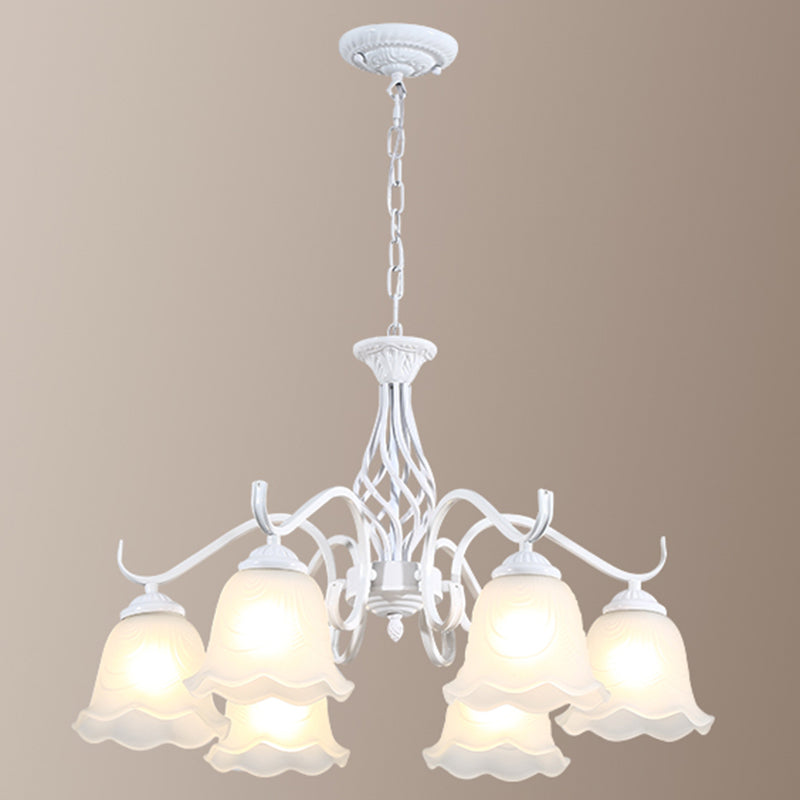 Retro Bell Chandelier Light Ruffle Glass Pendant Light Fixture with Curved Arm for Dining Room