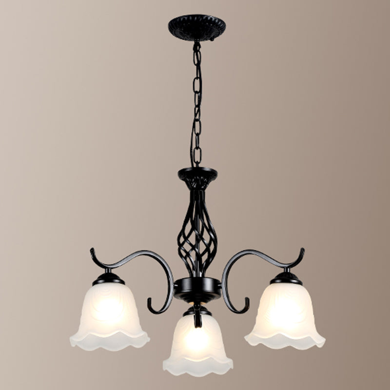 Retro Bell Chandelier Light Ruffle Glass Pendant Light Fixture with Curved Arm for Dining Room