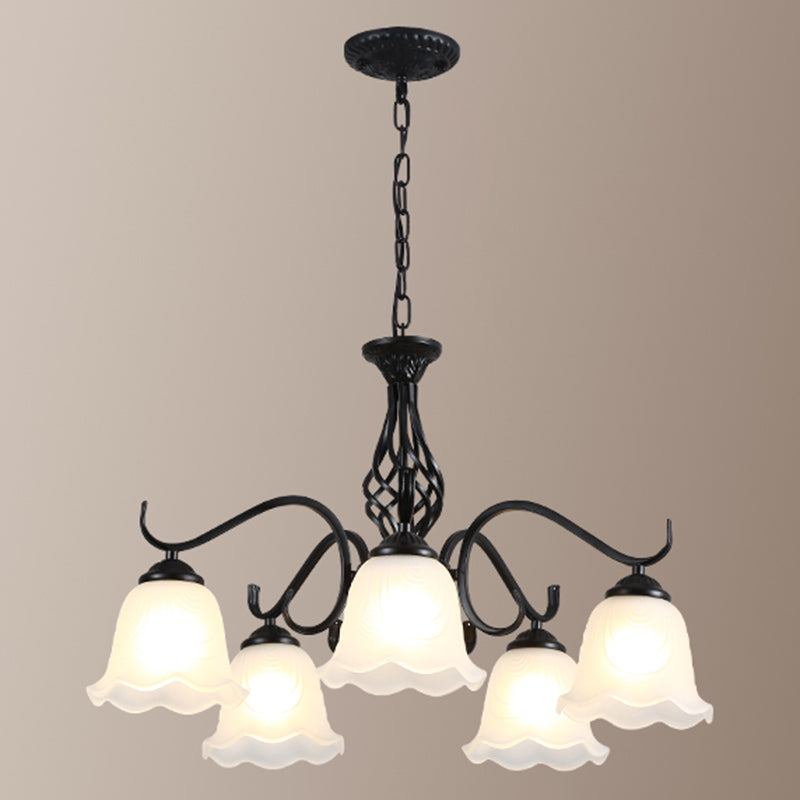 Retro Bell Chandelier Light Ruffle Glass Pendant Light Fixture with Curved Arm for Dining Room