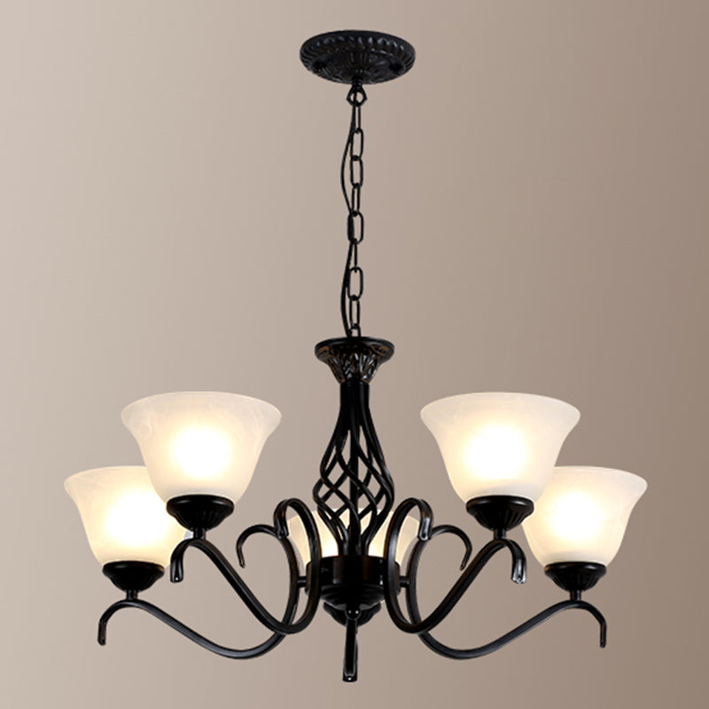 Retro Bell Chandelier Light Ruffle Glass Pendant Light Fixture with Curved Arm for Dining Room