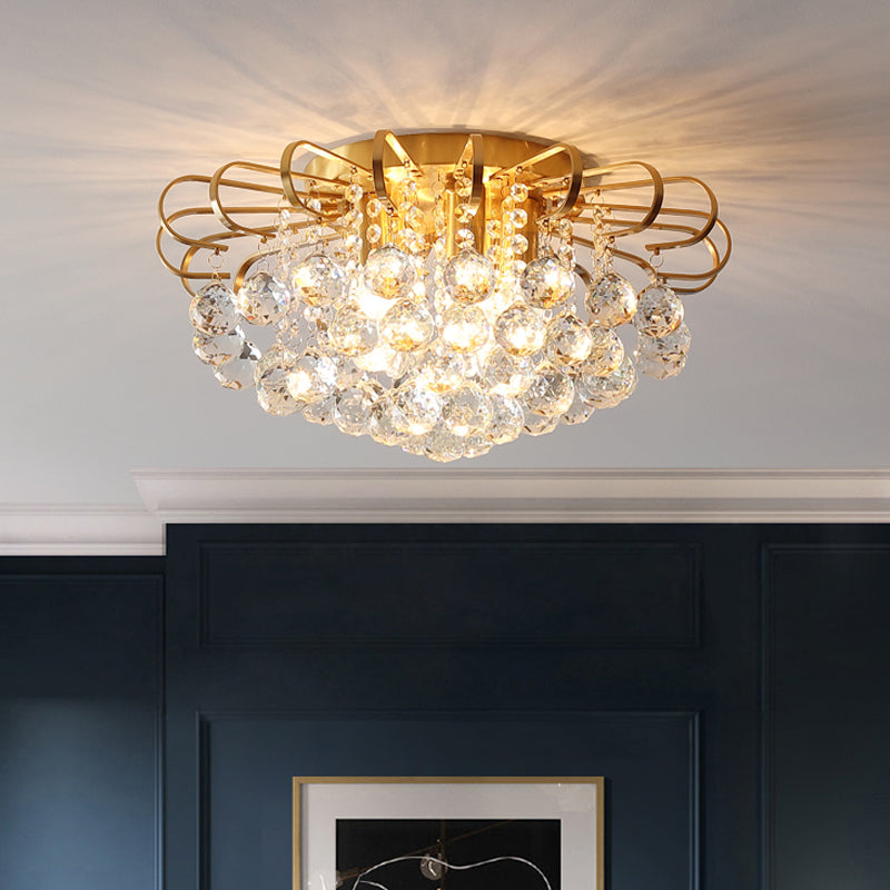 Gold Cascade Flush Mount Light Modern 3/5 Lights Crystal Ball Ceiling Mounted Light, 14"/18" Wide