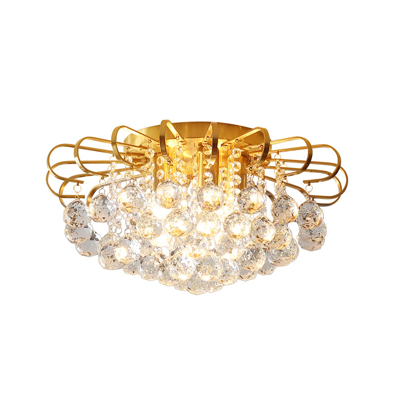 Gold Cascade Flush Mount Light Modern 3/5 Lights Crystal Ball Ceiling Mounted Light, 14"/18" Wide