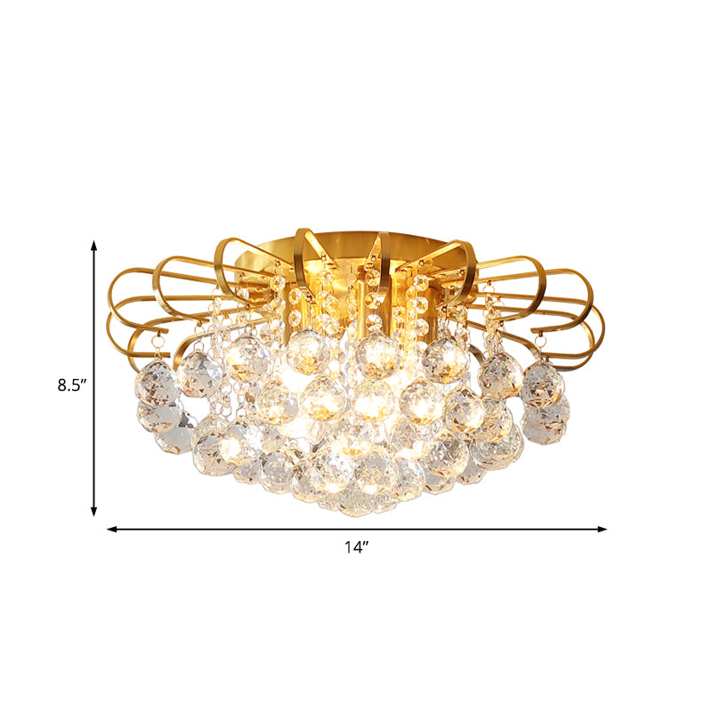 Gold Cascade Flush Mount Light Modern 3/5 Lights Crystal Ball Ceiling Mounted Light, 14"/18" Wide