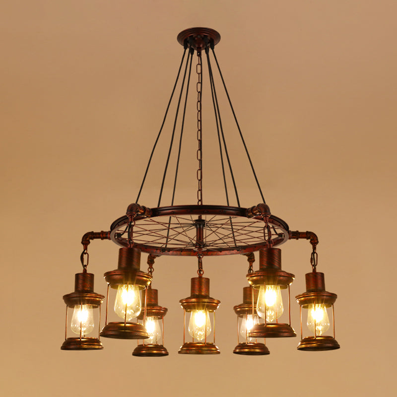 Industrial Wagon Wheel Chandelier Lighting Iron Pendant Light with Clear Glass Shade in Bronze