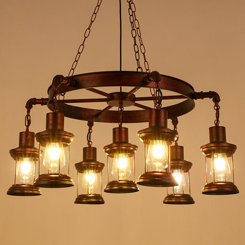 Industrial Wagon Wheel Chandelier Lighting Iron Pendant Light with Clear Glass Shade in Bronze
