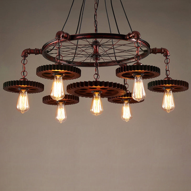 Industrial Wagon Wheel Chandelier Lighting Iron Pendant Light with Clear Glass Shade in Bronze