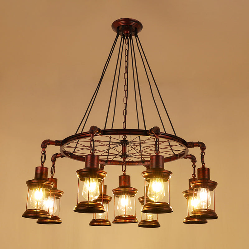 Industrial Wagon Wheel Chandelier Lighting Iron Pendant Light with Clear Glass Shade in Bronze