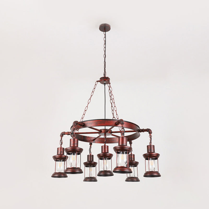 Industrial Wagon Wheel Chandelier Lighting Iron Pendant Light with Clear Glass Shade in Bronze