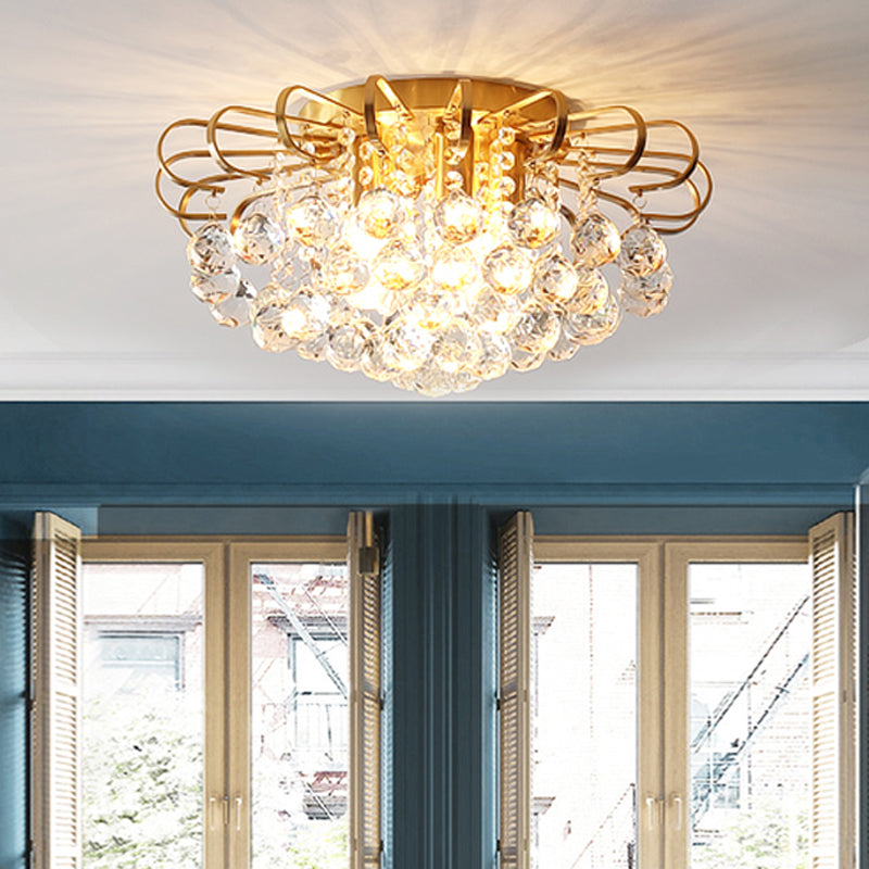 Gold Cascade Flush Mount Light Modern 3/5 Lights Crystal Ball Ceiling Mounted Light, 14"/18" Wide