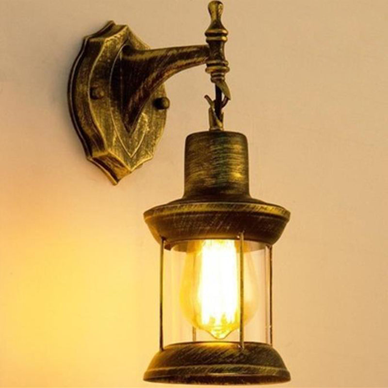 Lantern Shaped Iron Wall Light Retro Style 1-Light Corridor Kerosene Lighting Fixture
