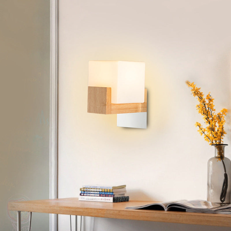 Cube Bedside Wall Sconce Lamp White Glass Single Modern Style Wall Lighting Fixture with Wooden Backplate