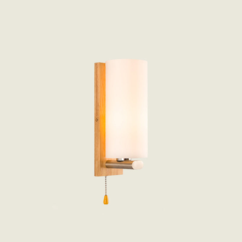 Cylindrical Bedside Wall Mounted Light White Glass Single Simplicity Wall Sconce Lighting with Pull Chain