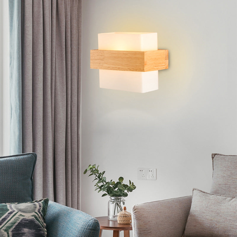 Witglas rechthoek SCONCE LICHTING MODERNE Single BULB Wandlamp met houten decor met houten decor